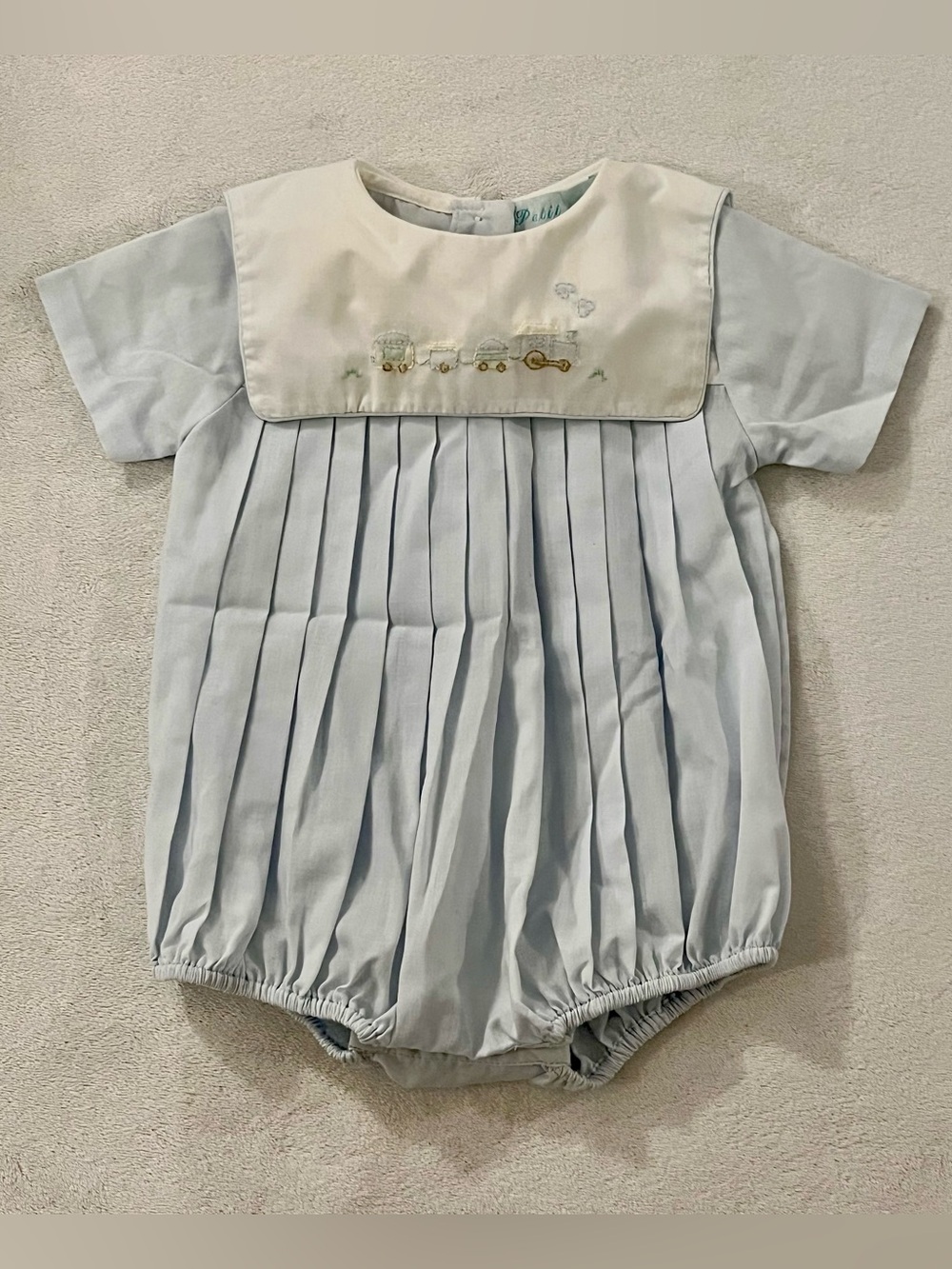 Petit Ami Boy’s Pleated Bubble Train Romper Light Blue Newborn EUC